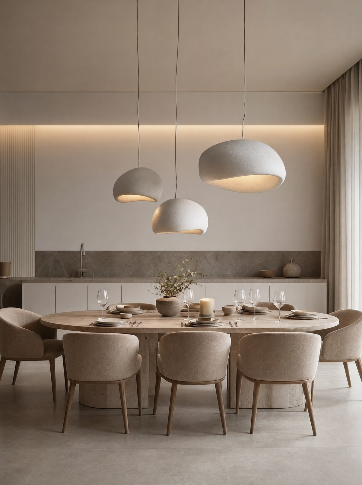 The Nube Pendant in white lit above a dining table