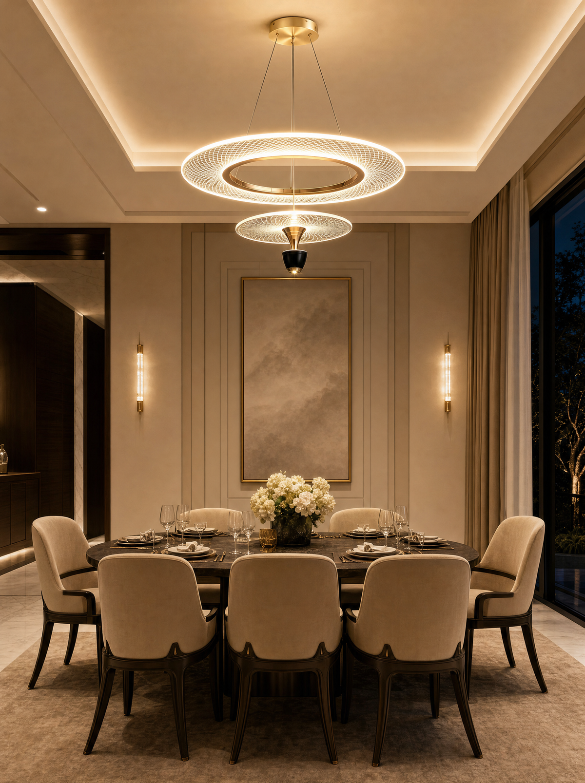 The Milano Designer Chandelier lit above a dining table