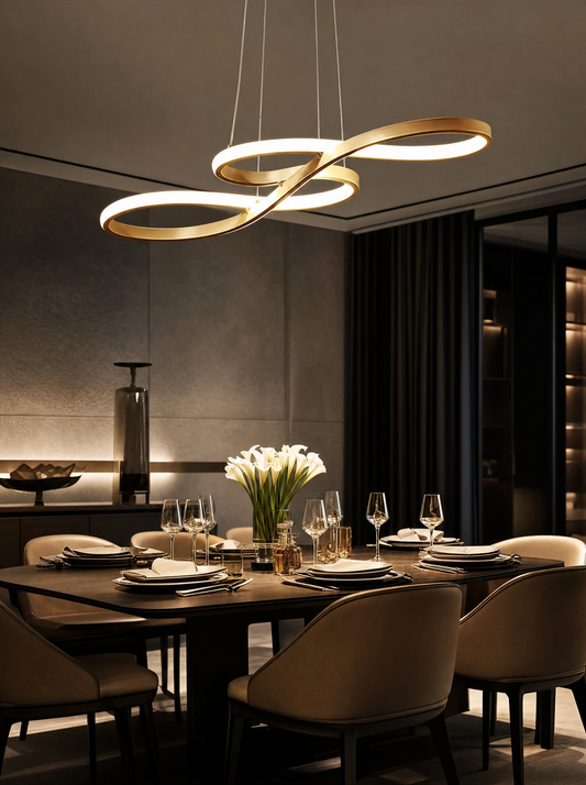 The Vanta Pendant Light lit above a dining table