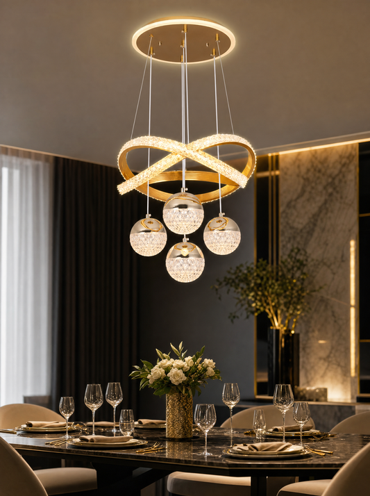 The Noir Chandelier in black and gold lit above a dining table